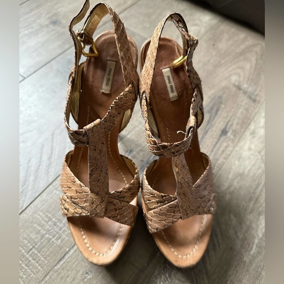 Miu Miu T Strap Python Snake Print Leather Platform Heels 38 - Picture 2 of 5